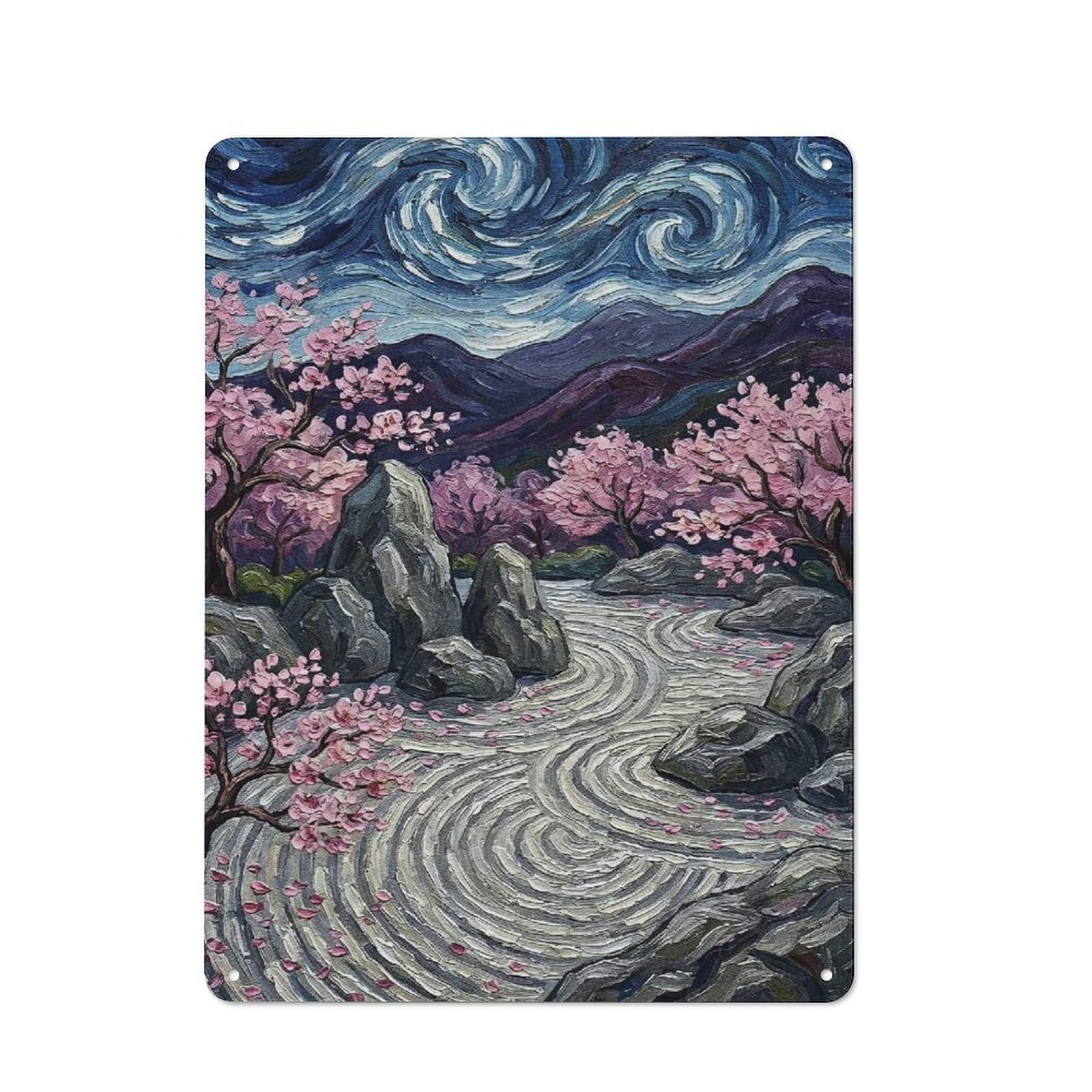 Zen Garden with Cherry Blossoms Tin Wall Sign 40x30cm, Retro Novelty Wall Art for Bedroom, Kitchen, Office Or Living Room