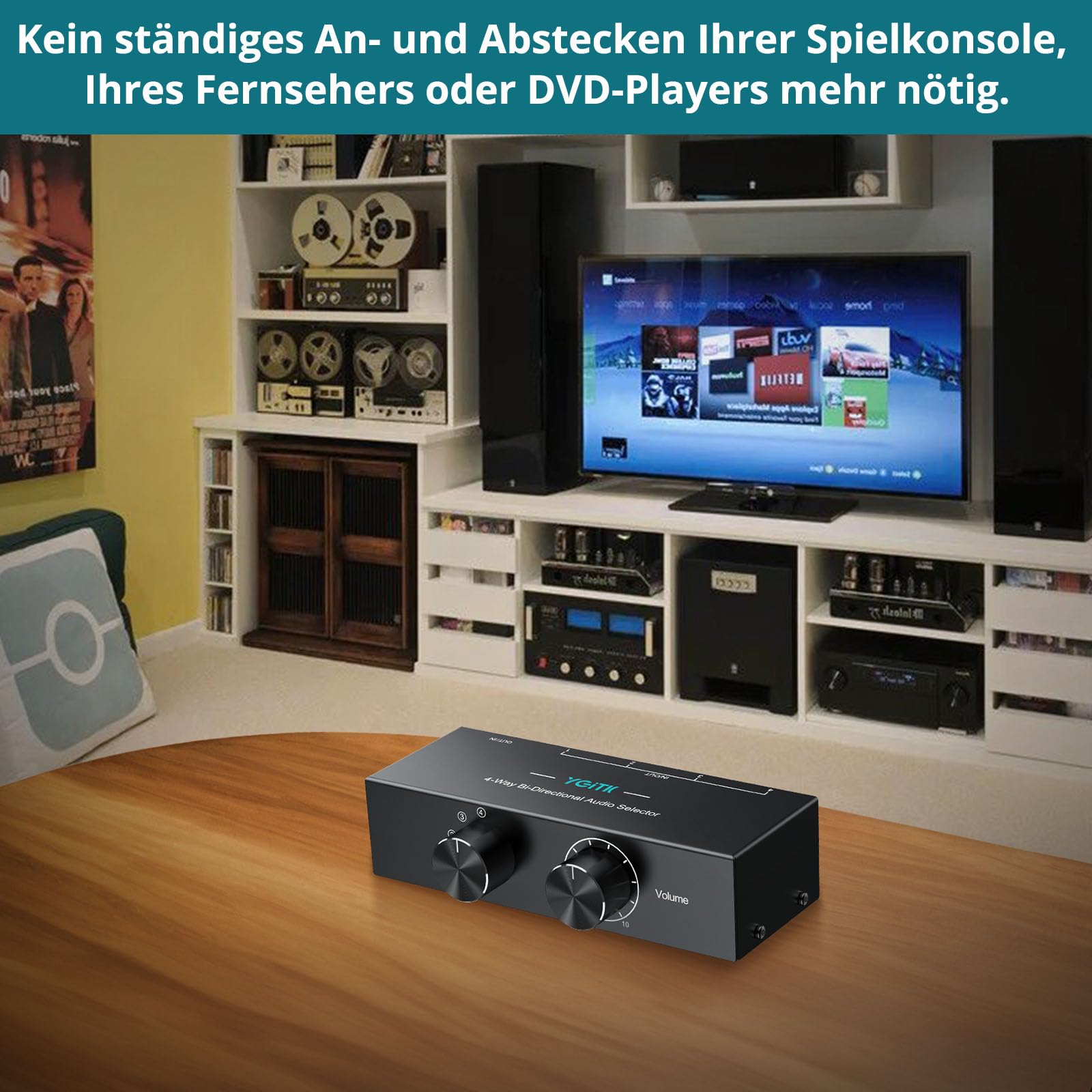 4(1) In-1(4) Out Bi-Direktionaler Stereo Audio Schalter 3,5mm AUX | RCA L/R Audio Umschaltbox, Passiv Audio-Splitter für Lautsprecher, Kopfhörer, Verstärker, CD-Player uzw