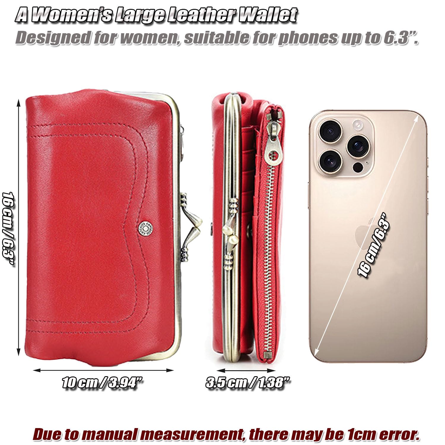 Portefeuille Femme Anti-RFID – Pochettes en Cuir de Chèvre avec Fermoir Bisou, Poche Téléphone (6,3"), 8 Fentes Cartes & Poche Zippée – Voyage Porte-Monnaie - Rouge Pastèque