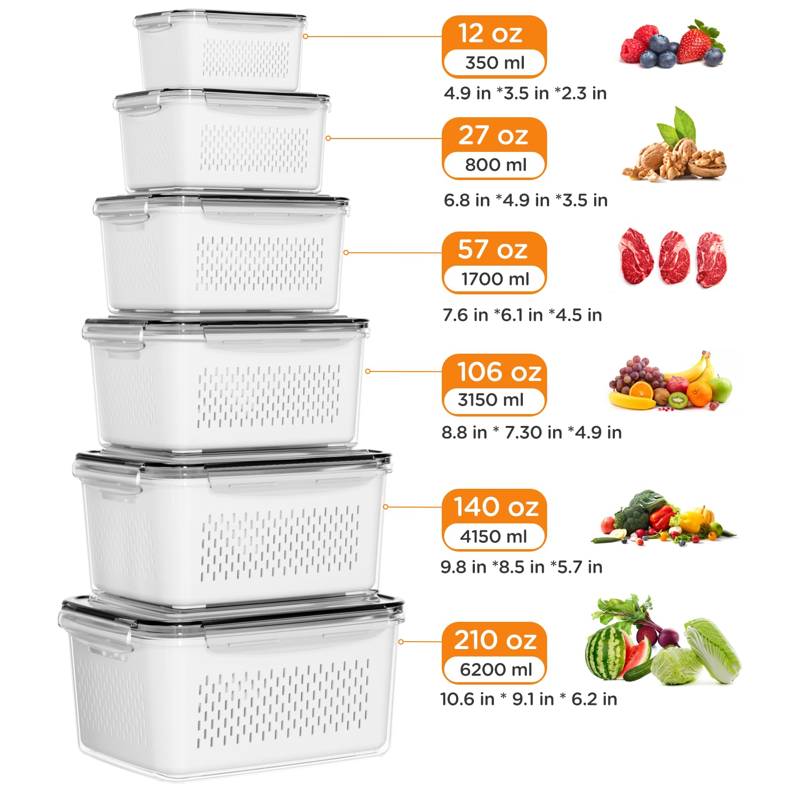 5 Contenitori Per Frutta E Verdura Da Frigo Con Scolapasta E Affettatore - Set Impilabile Con Coperchi