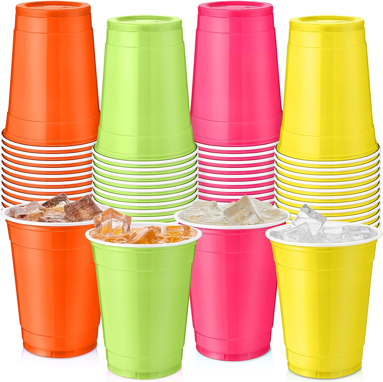 SiliFine 100 Pack 12 oz Plastic Cups Bulk Neon Disposable Plastic Drinking Cups in 4 Assorted Colors for Carnival Fiesta Matrimony Bachelorette Decorations Birthday Wedding Neon Party