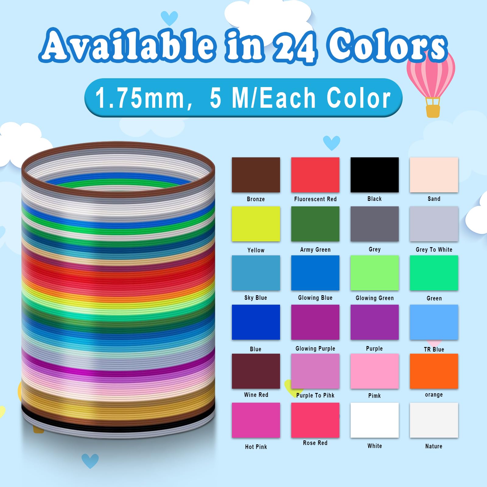 Filament 3D Pen PLA, 1,75 mm, 24 kolory, każdy 5 m, akcesoria do długopisów 3D dla dzieci, biodegradowalny, neutralny zapach, filament PLA 3D do MYNT3D, SCRIB3D
