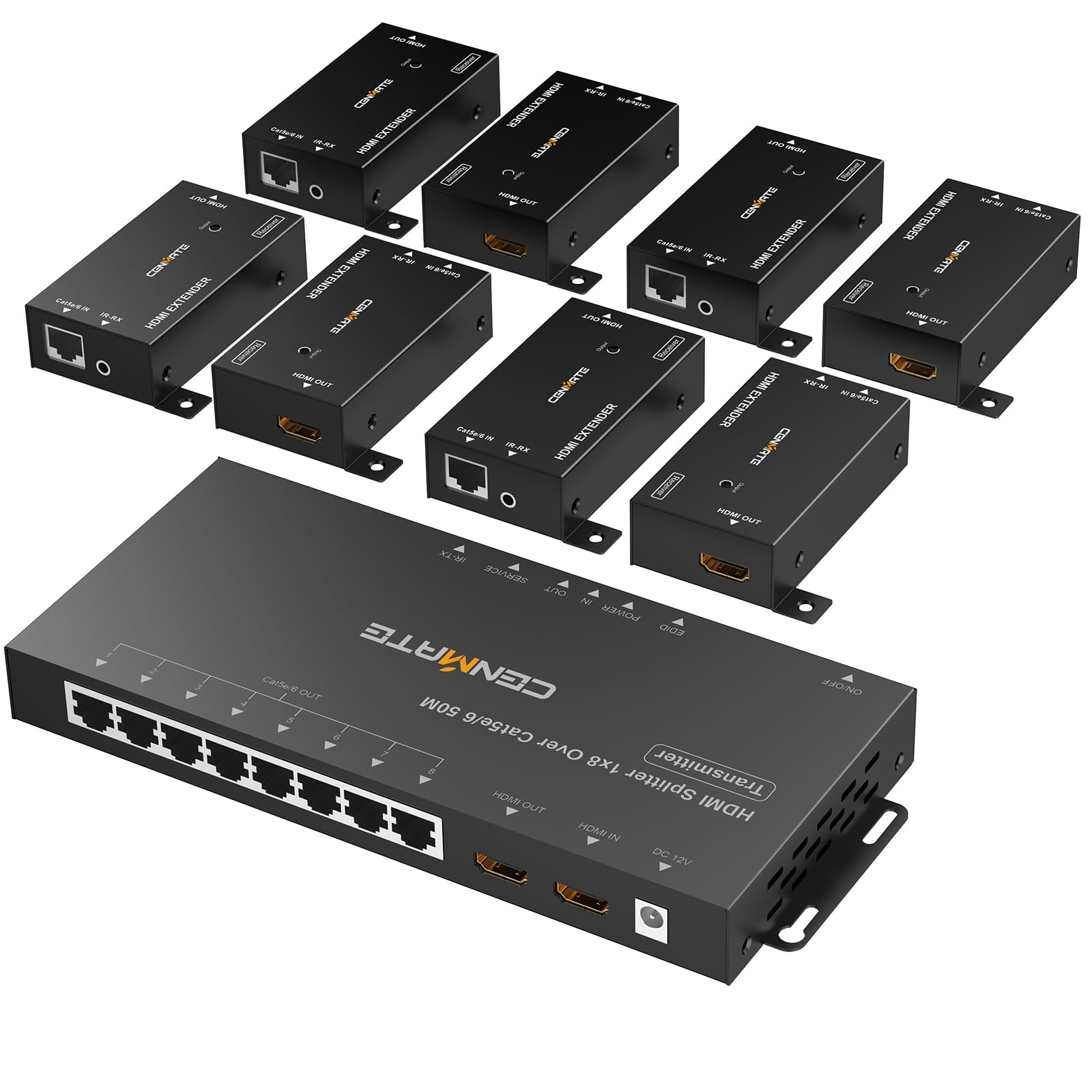 Cenmate 8x1 HDMI Extender Splitter, 1080P@60Hz Over Ethernet, Up to 165FT Transmission Over CAT5e/6/7, 8 Channels with 1 HDMI Loop Out, Supports IR Control, 3D, HDCP, EDID, POC
