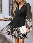 CUPSHE Women's Mini Dresses Casual Spring V Neck Chiffon Long Peasant Sleeves Flowy Spring Dress, Black, Large