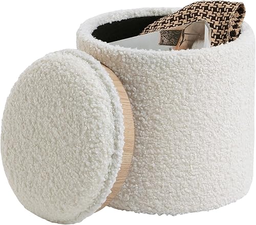 Miniatura 5 de Moderno otomano redondo con asiento acolchado suave, taburete de almacenamiento para maquillaje, taburete tapizado para reposapiés, taburete otomano