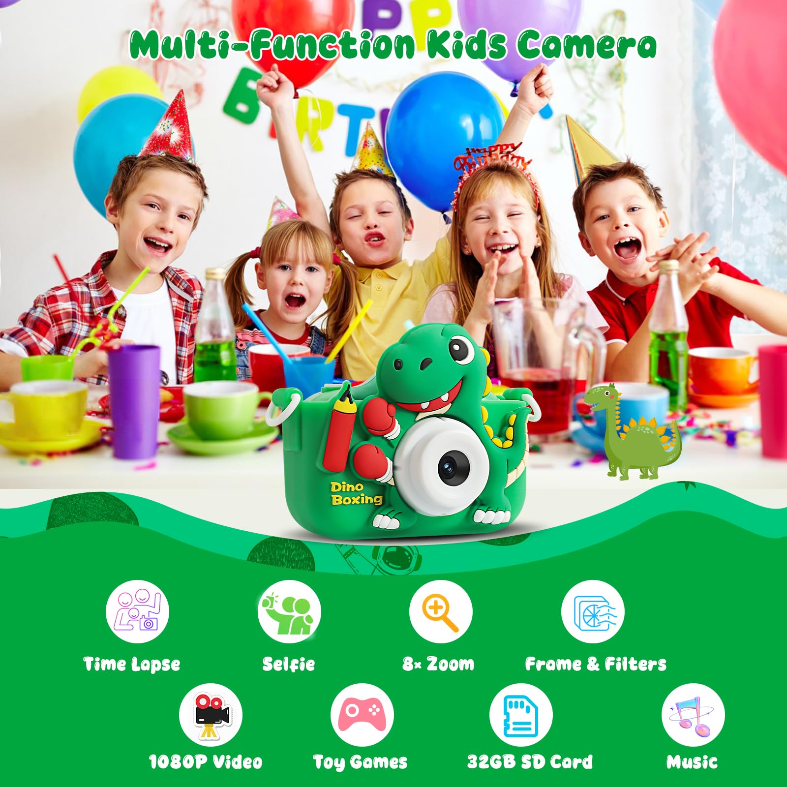 Dinosaur Kids Camera - HD Digital Camera For Toddlers, 32GB Card, Selfie, Games, Gift For Boys Girls Ages 3-12 (Green)