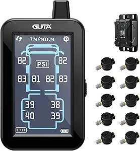 GUTA Tire Pressure Monitoring System with Color Touchscreen & Flow Thru Sensors for RV and Trailers