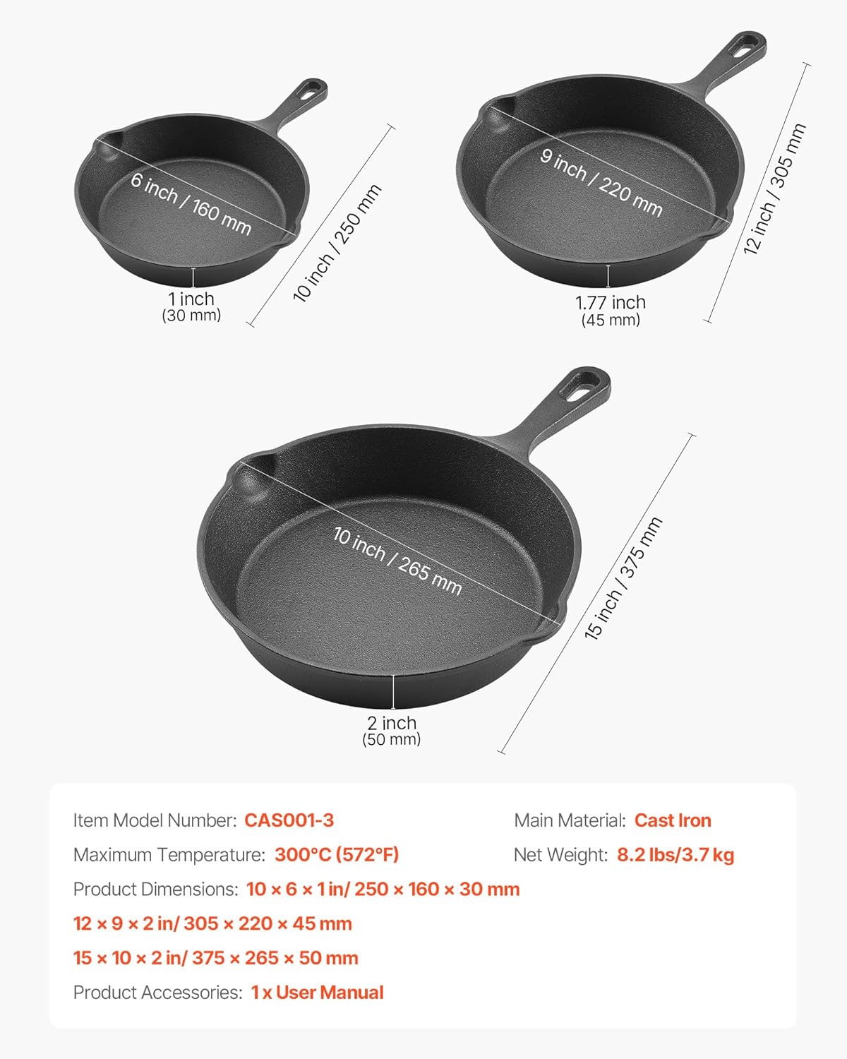 VEVOR Cast Iron Skillet, 3-Piece Frying Pan Set (6, 8, 10 in), Heavy-Duty Skillets with Heat-Resistant Handle, Pre-Seasoned Chef's Pan, Kitchen Cookware, for Oven, Gas, Electrical, Induction, Black