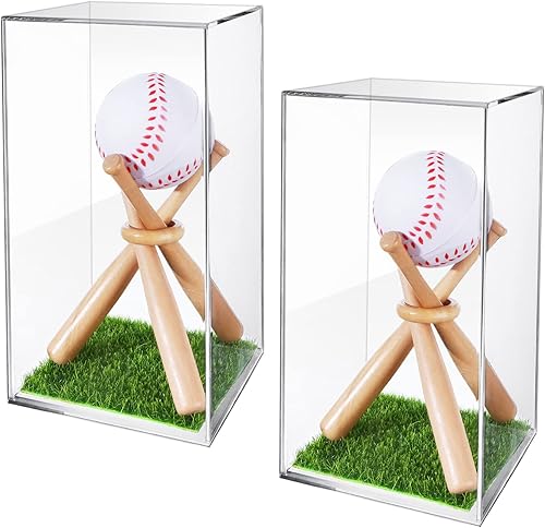 Juego de 2 expositores de béisbol y soporte de béisbol de madera soporte de béisbol acrílico caja de exhibición transparente de 8 pulgadas con