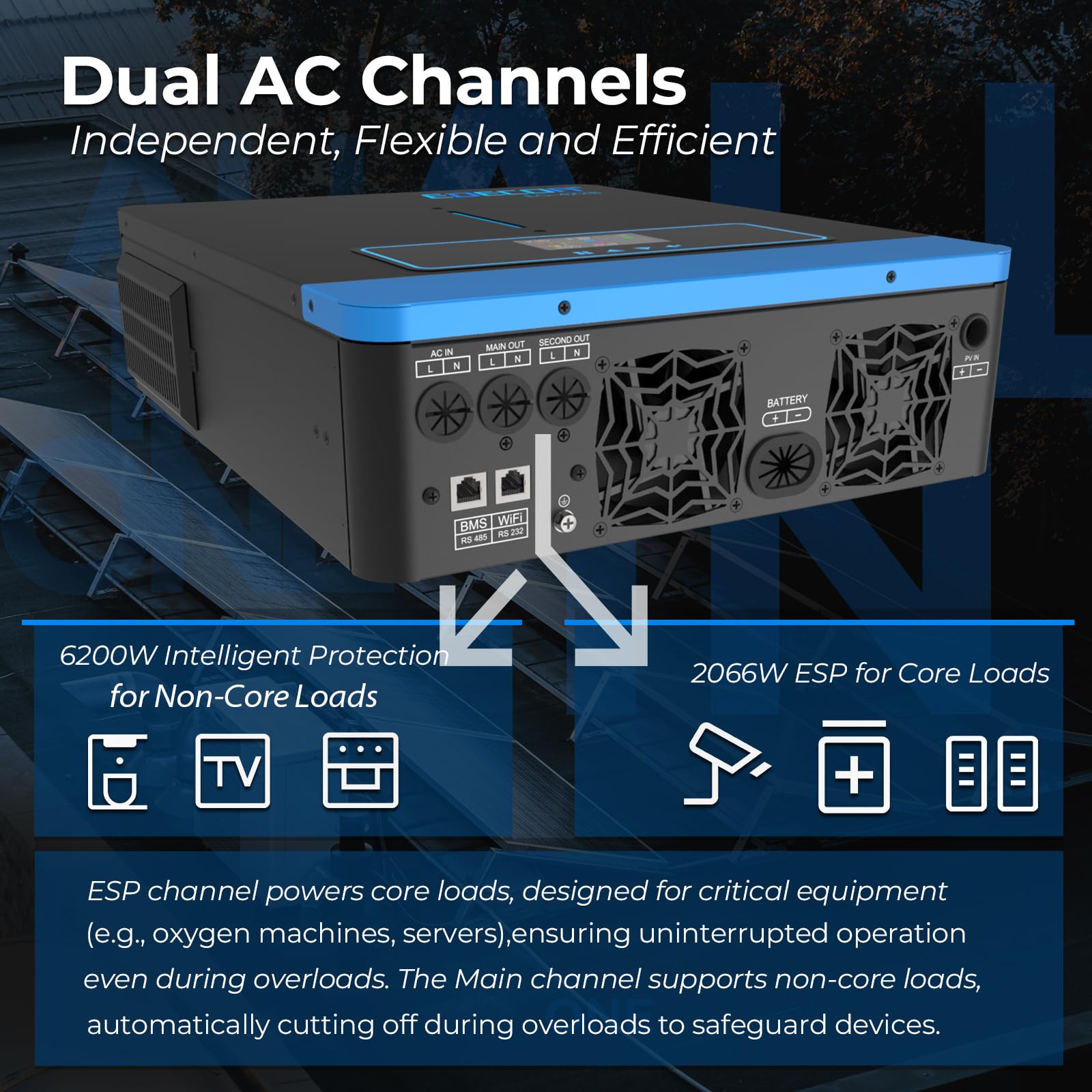 EDECOA Inverter ibrido 6200 W 48 V 230 V caricatore solare MPPT 120 A Pur Sinus 60-500 Vdc Off-Grid BMS Comunicazione Caricabatterie Priorità di rete Regolatore di carica solare (compatibile con WiFi)