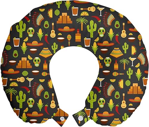 Ambesonne México - Almohada de viaje para el cuello patrón con sombrero tradicional tequila taco cráneo cacto de guitarra espuma de memoria