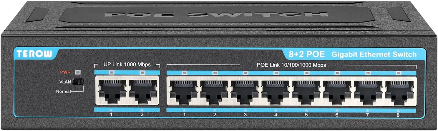 8-Port PoE Gigabit Switch with 2 Gigabit Uplink, 8 PoE+Port 1000Mbps, 96W, 802.3af/at Vlan, Metal fanless Design, Plug-and-Play, Desktop and Home，Ethernet Splitter, Elegant Black Blue