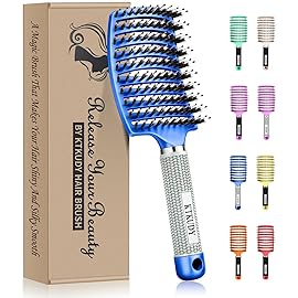 KTKUDY Detangling Brush Boar Bristles Hairbrush Make Hair Shiny & Healthier Curved and Vented Detangler Brush for Women Men Kids Wet and Dry Hair (Blue)