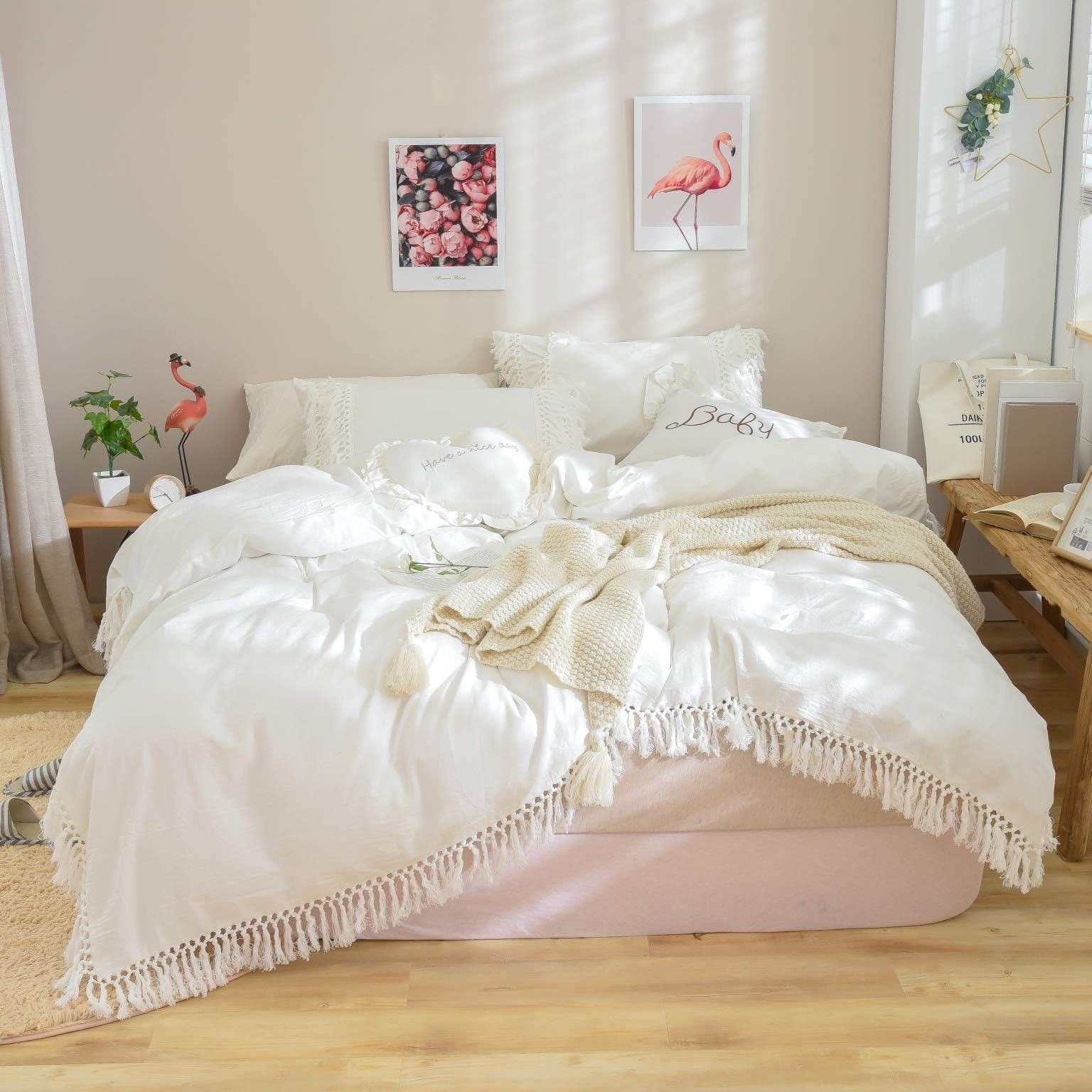 Softta White Duvet Cover Twin XL Beddings Bohemian Luxury and Elegant Boho Comforter Covers 3 Pcs Tassel 100% Washed Cotton