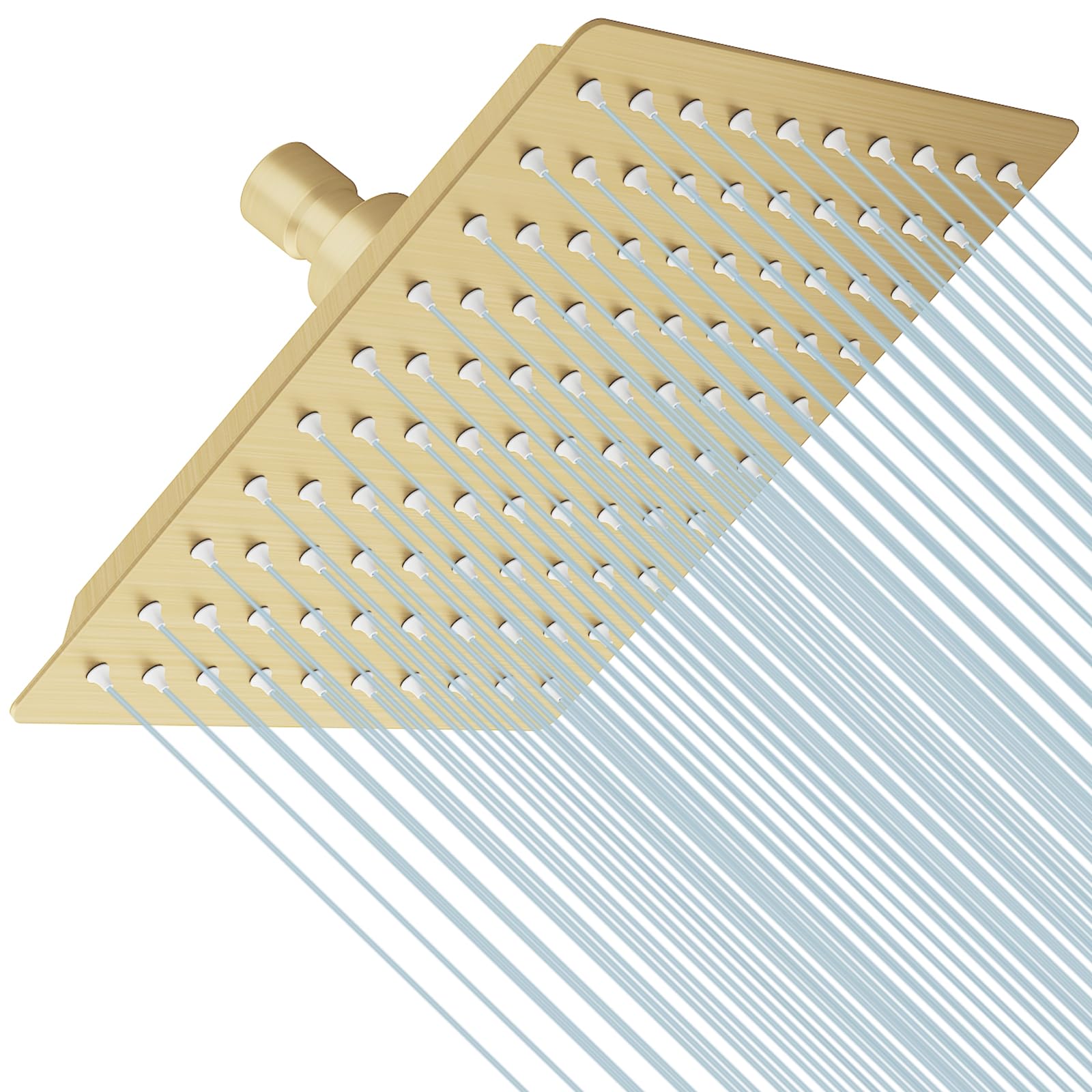 BESy 8 Inch Rain Shower Head, 8" Square Rainfall & High Pressure Stainless Steel Bath Showerhead, 1/16" Ultra Thin, Waterfall Full Body Coverage with Silicone Nozzle, Brushed Gold