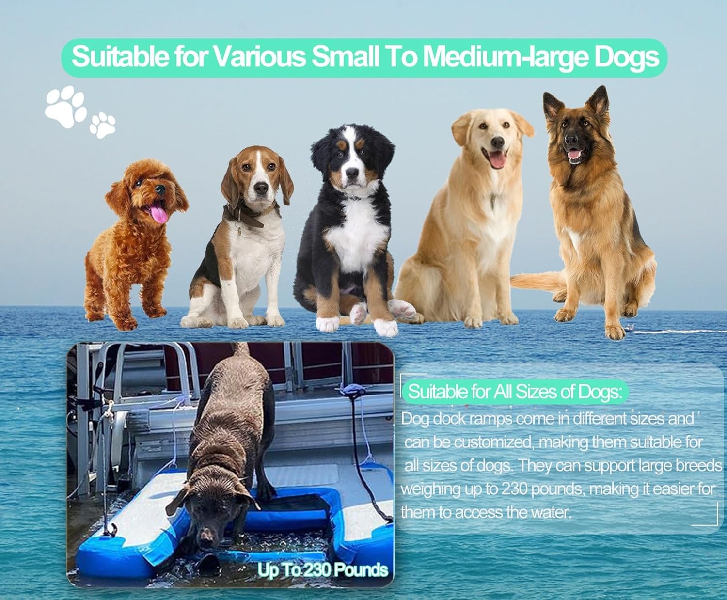 Dog Water Ramp for Boat Inflatable, Safe and Easy to Access Floating Docks Pool with Step for Lakes, 60"×40" Dog Floats Ladder for Dogs Up to 230 Lbs(Green)