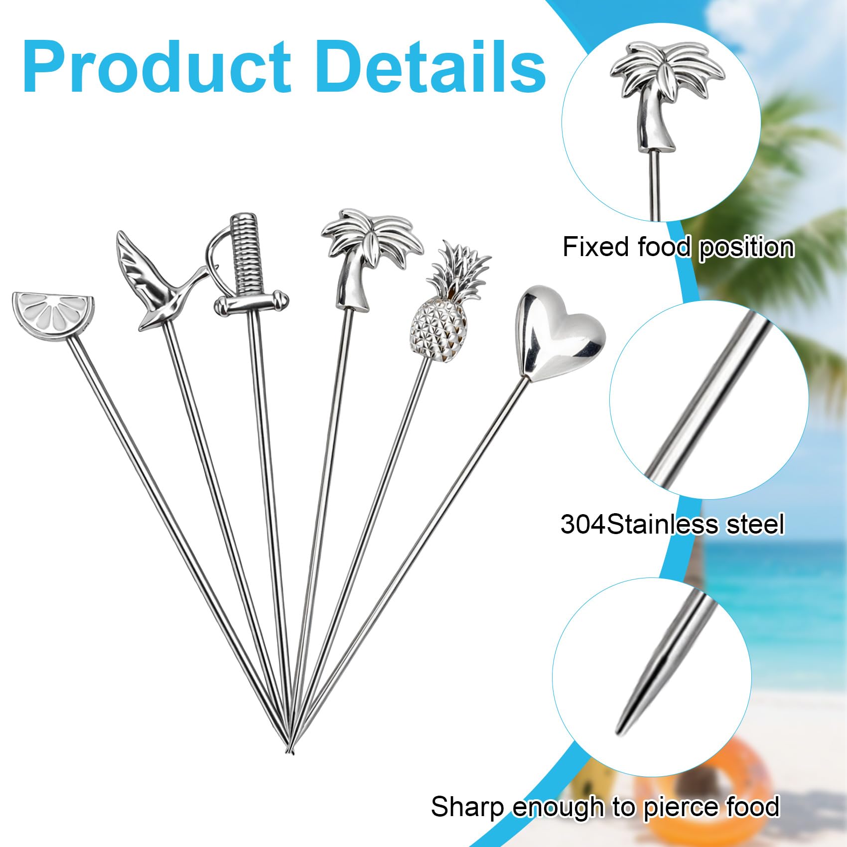 Palillos De Cóctel Acero Inoxidable,Palillos para Aperitivos,6Piezas Verano1,Decoración para Cócteles,Brochetas De Reutilizables para Sándwiche Aceituna Pastel Postre Eventos De Fiesta