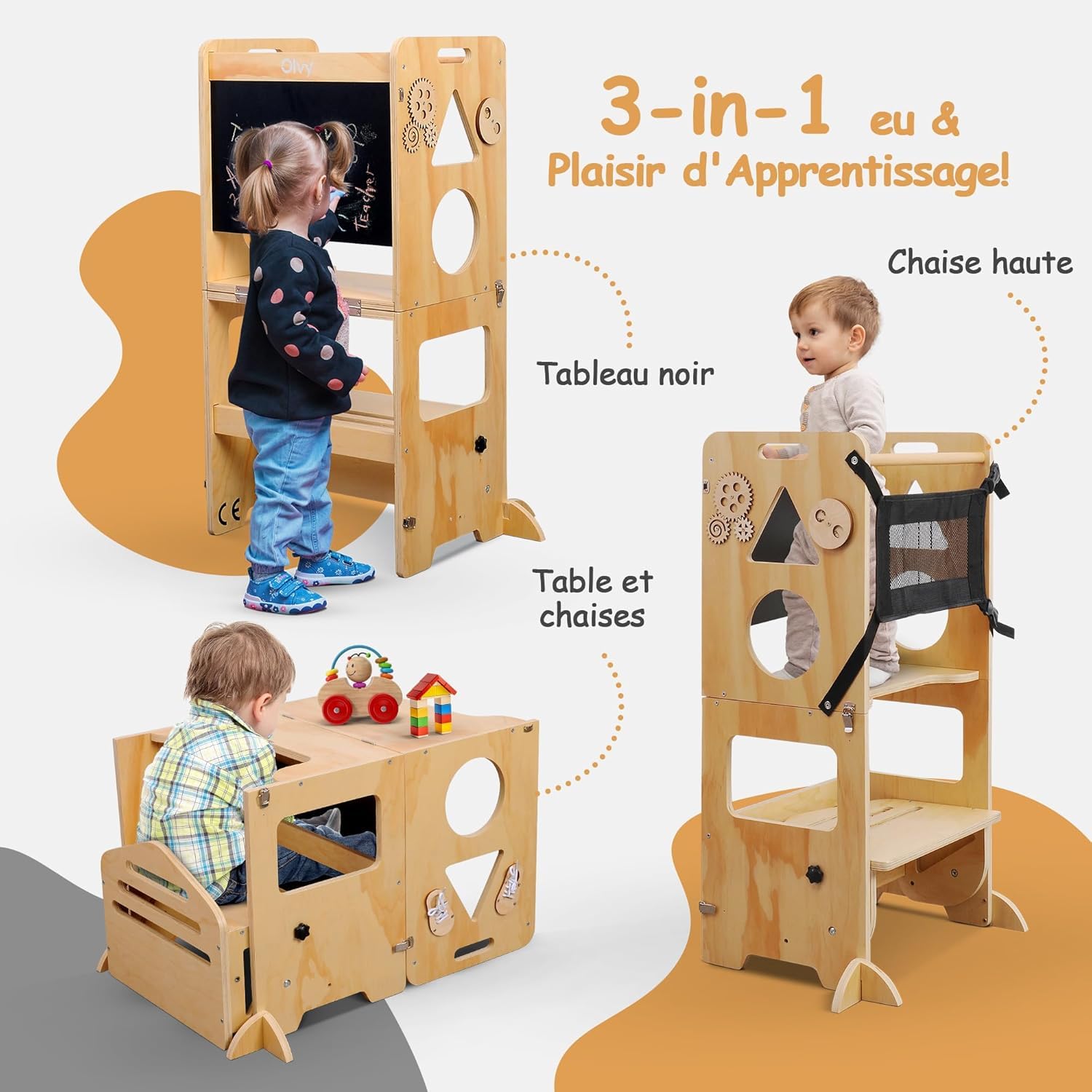Olvy Kids 3-en-1 Tour d'apprentissage Montessori – Tabouret en Bois Pliable – Marchepied Enfant 3 Marches – Escabeau dès 1 an