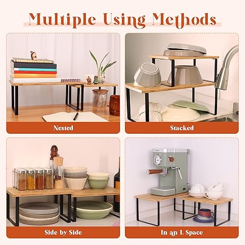 Miniatura 6 de Organizador de estantes de cocina, estantes elevadores, apilables, ampliables para exhibición de especias, platos, tazas (paquete de 3, S, M y L,