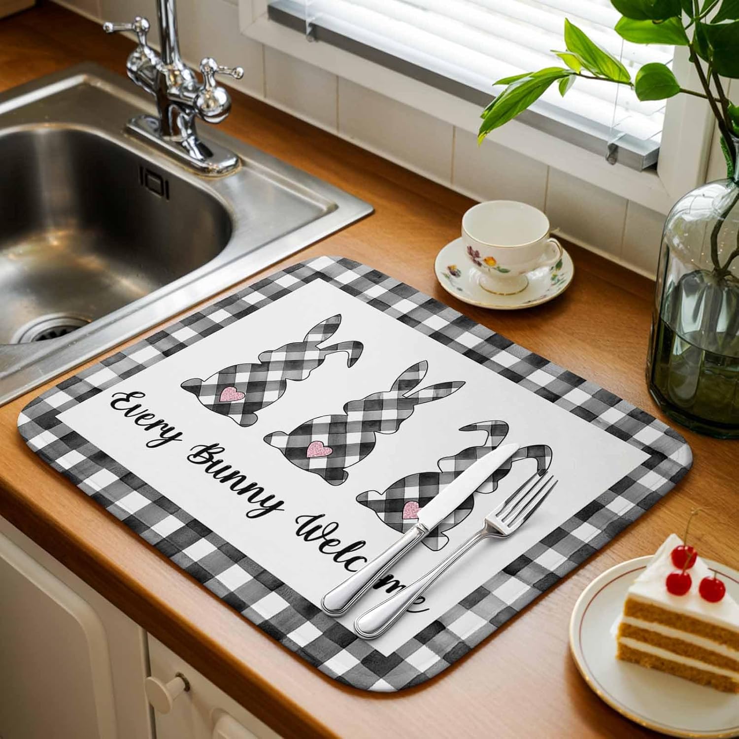 2 Pack Dish Drying Mats,Easter Spring Bunny Rabbit Super Absorbent Microfiber Dishes Drainer Mat Black White Buffalo Checkered Reversible Drying Rack Pads for Kitchen Counter Sink