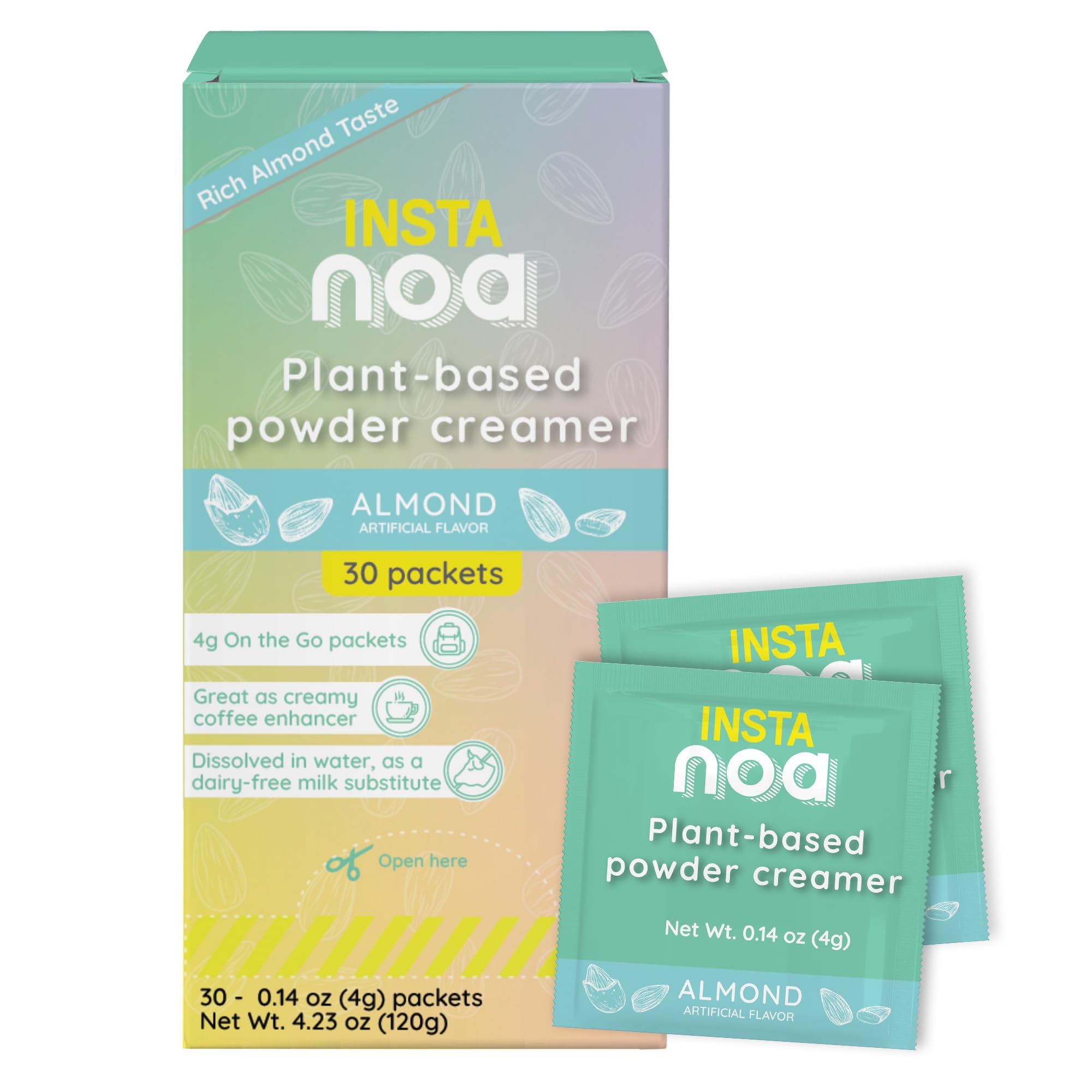 NOA Plant-Based Powder Creamer - Dairy-Free Coconut & Almond Flavor, No Sugar, Vegan, Keto-Friendly, Instant Non-Dairy Coffee Enhancer, 30 Sachets of 6g