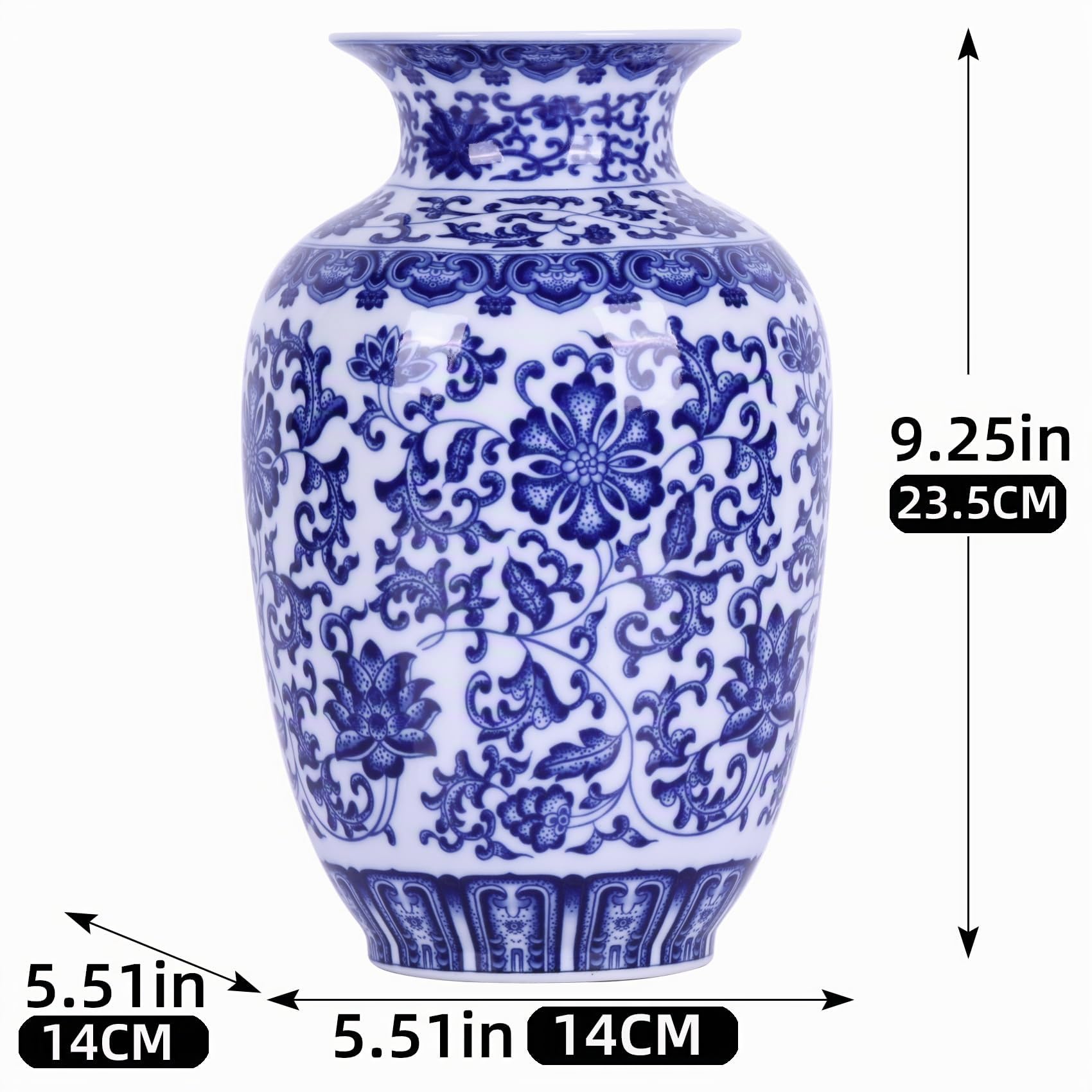 Jarrones tradicionales de porcelana azul y blanca de cuerpo delgado, cerámica chinoiserie pintado a mano con diseño floral, ligeros para decoración del hogar