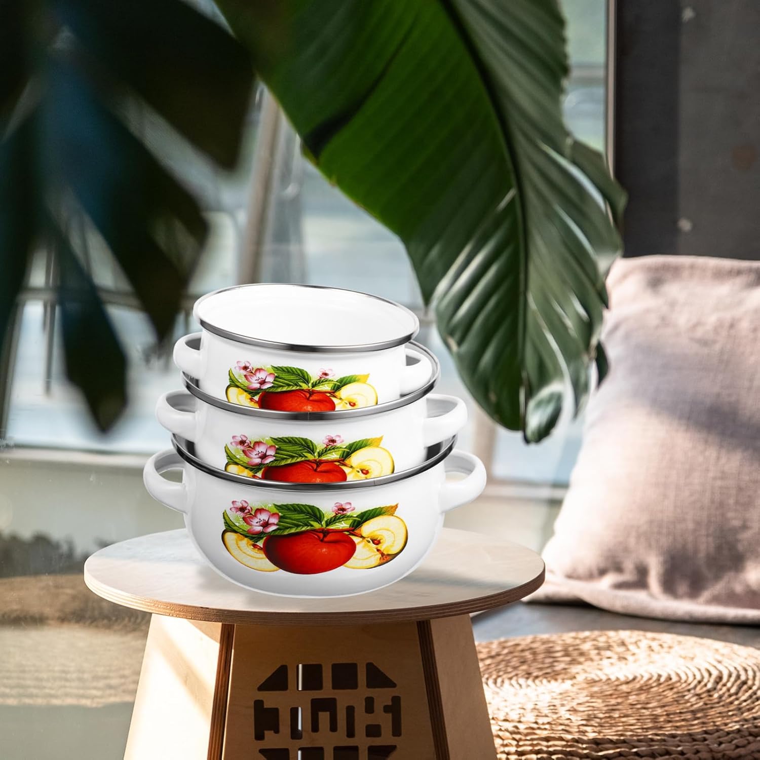 Mini Enamel Soup Pot Set 3-Piece Flat Bottom Stockpots with Handles for Cooking Stew Noodles Milk on Electric and Induction Stoves