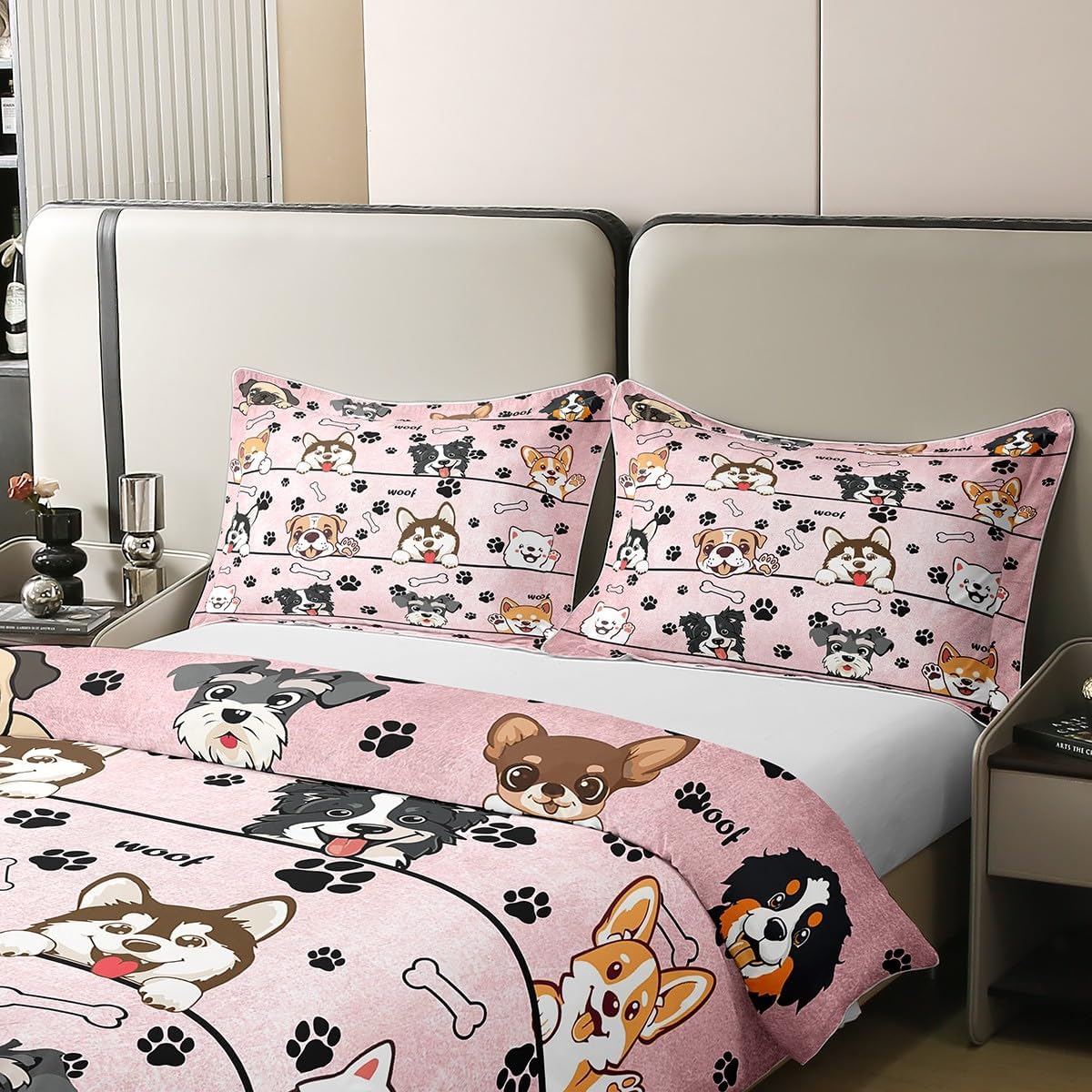 100% Natural Cotton Cute Dog Bedding Set King Size Cartoon Puppy Pet Animals Duvet Cover Luxury Light Black Paw Bone Print Pink Comforter Cover for Men Women Room(No Filler)