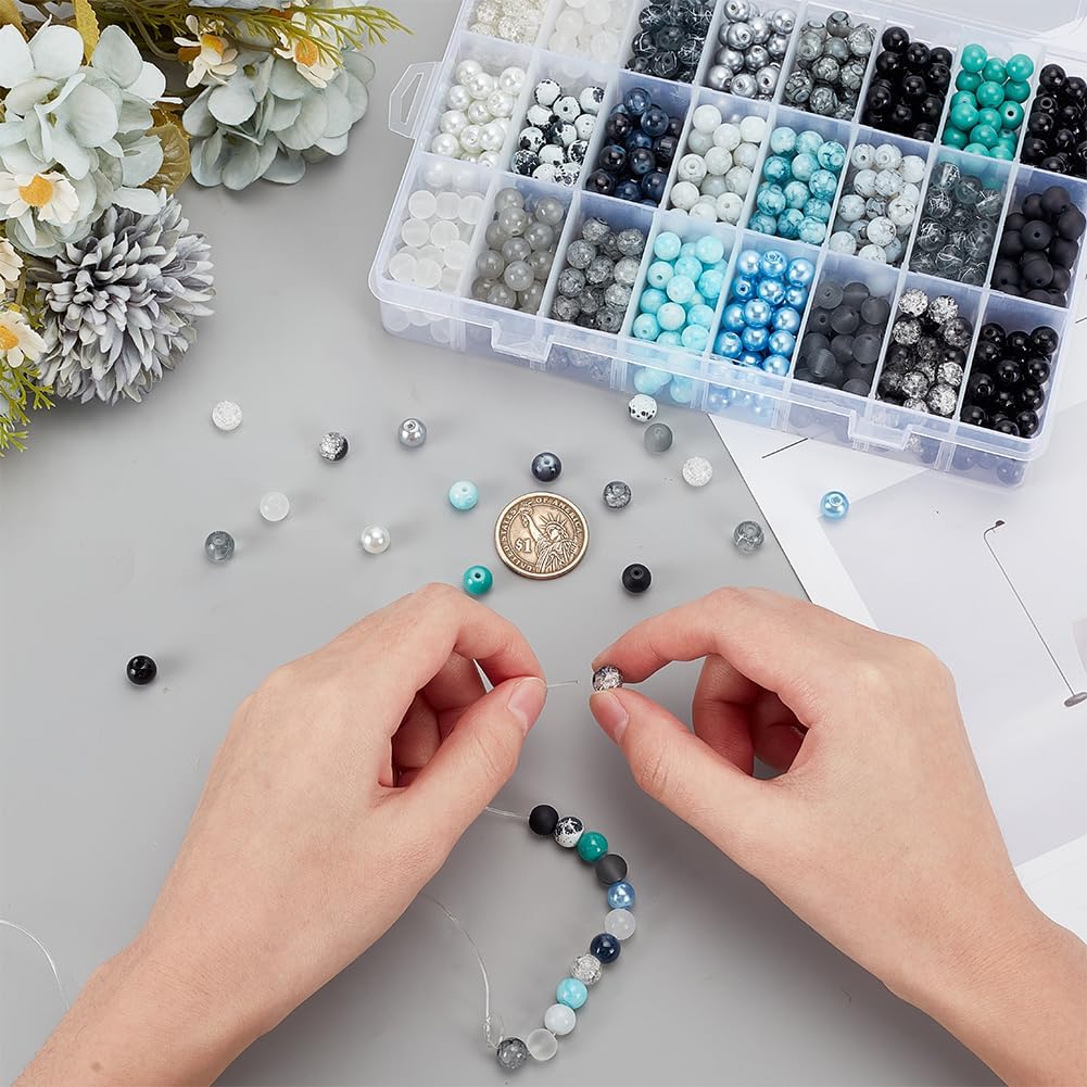 PH PandaHall 720pcs 8mm Round Glass Beads, 600 Yards 0.8mm Nylon Beading String 24 Color Black Bracelet Beads for Men Bracelet Earring Necklace Jewelry Making Halloween Eid Mubarak Ramadan Decoration