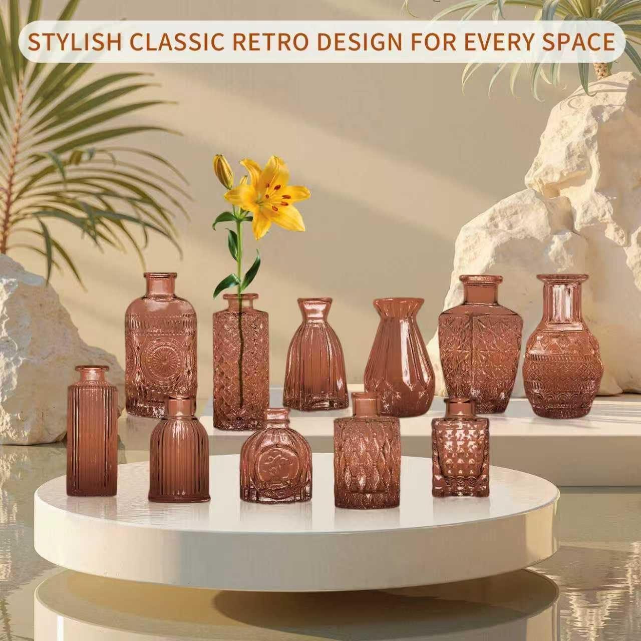 KUAGUINZUHE 12 Pcs Glass Bud Vase Set, Small Amber Vintage Flower Vases for Wedding Centerpieces in Bulk, Mini Embossed Vases for Home Table Decor, Party, Baby Shower Decorations - Image 3