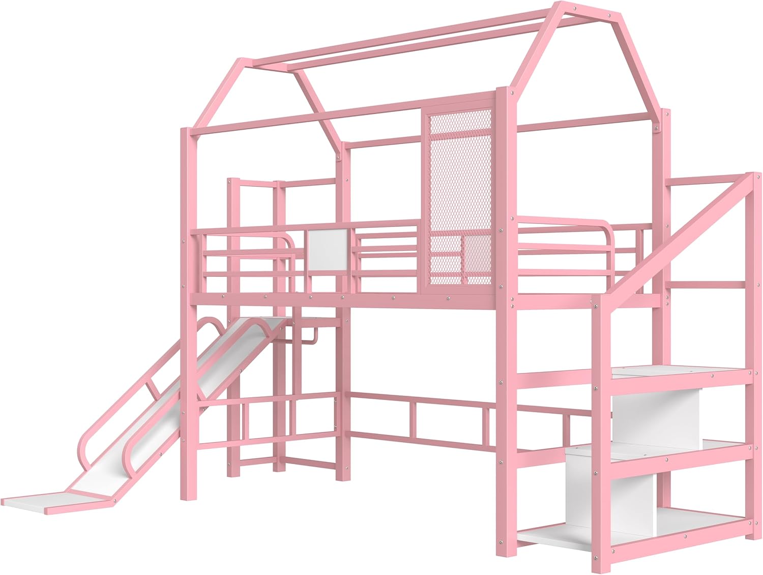Twin Loft Bed with Slide and Stairs, Metal House Loft Bed Frame with Storage Shelves, Heavy Duty Playhouse Bunk Bed for Kids, Space-Saving, Noise-Free, No Box Spring Needed, Pink