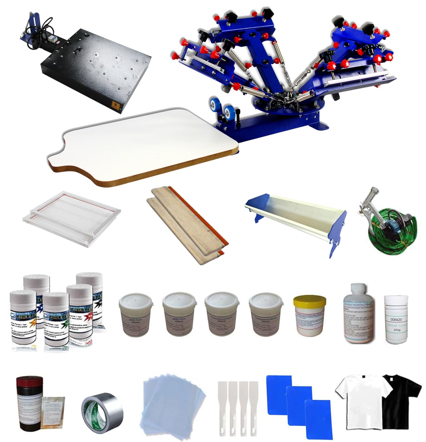 TECHTONGDA 4 Color 1 Station Screen Printing Kit Micro-Registration Function Silk Screen Printing Machine Benchtop Press with Flash Dryer Squeegee Frame Screen Scoop Coater Ink Accessory