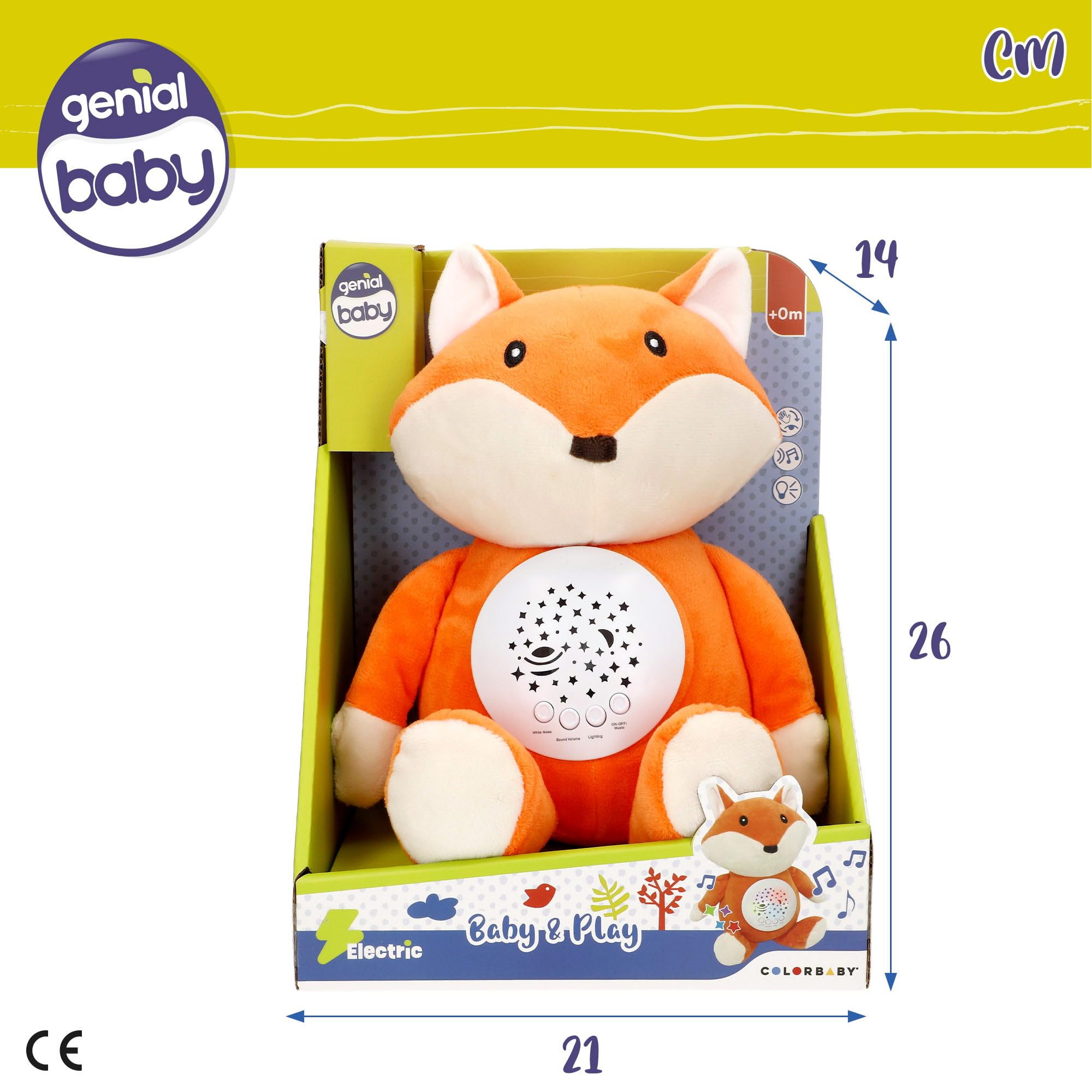 ColorBaby Genial Baby Projecteur étoiles, renard, 27 cm, Veilleuse et minuteur, Peluche effrayante pour enfant, avec sons et bruit blanc bébé, cadeau nouveau-né, cadeaux pour bébé (34031)