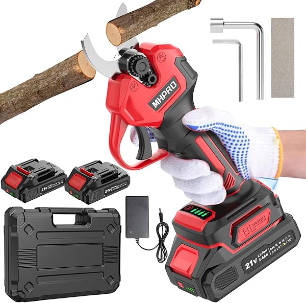 Tijeras de Podar Electricas Sin Escobillas, MHPRO Tijeras de Podar 21V con Baterías 2x2000mAh, Pantalla LCD, Tijeras podar Bateria para Jardinería, Árboles Frutales, Viñedos y Granja, Rojo - 1