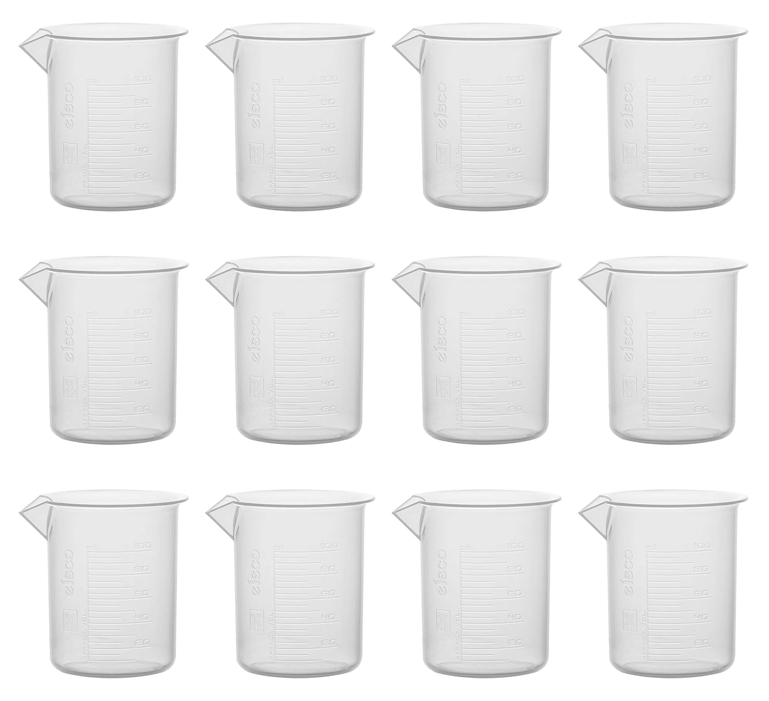 EISCO Plastic Beaker, Graduations, Premium Polypropylene Labs, 5 mL and 100 mL, 12 Piece