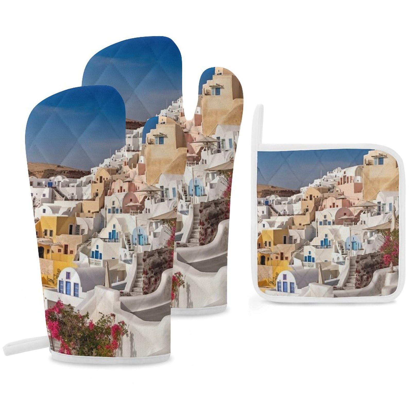 Oven Mitts and Pot Holders Set of 3 Heat Resistant Non-Slip Kitchen Gloves Hot Pads Santorini Town Mittens Gloves Non-Slip Potholders for Cooking Baking Grilling BBQ