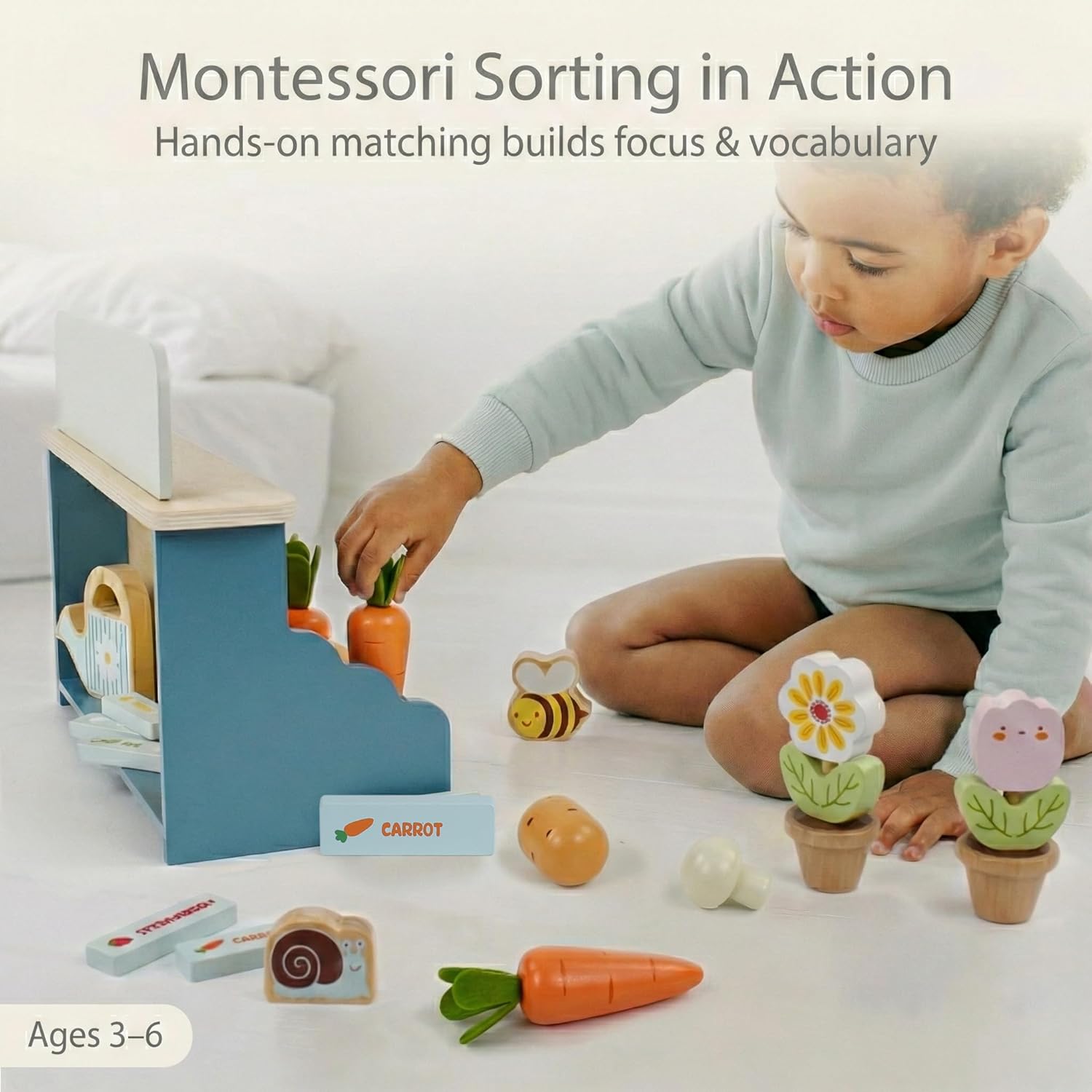 PairPear Montessori Wooden Vegetable Matching Toy – Play Food Garden Set for Toddlers 3+, Preschool Learning Sorting & Farm Pretend Play, Farm Food Recognition & Fine Motor Skills Development