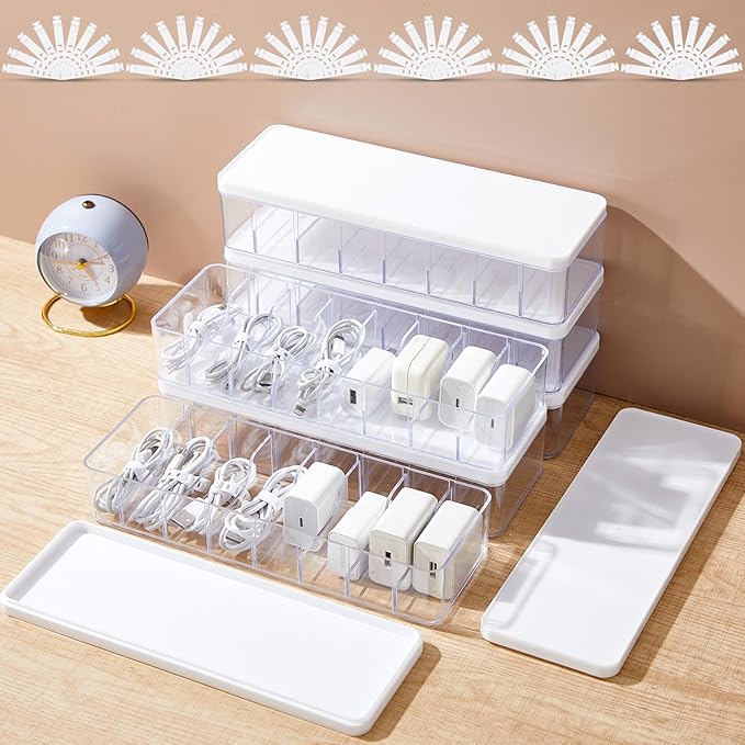 Tatuo 2 Pcs Cable Organizer Box with Wire Ties, Plastic Cord Storage Box with Lid, Electronics Organizer for Home Office Desk Organizers and Accessories (Clear,White)