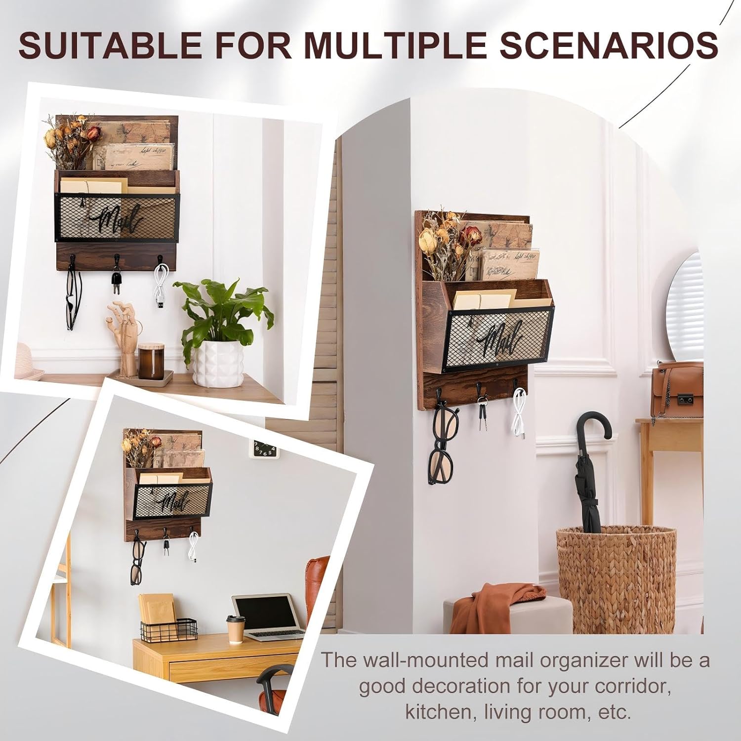 Yalikop Farmhouse Mail Organizer Wall Mounted Rustic Mail Holder Hanging Key Sorter with 3 Hooks Indoor Wooden Wall Mounted, Letter, Magazines, Newspapers, Keys(Classics,Brown)
