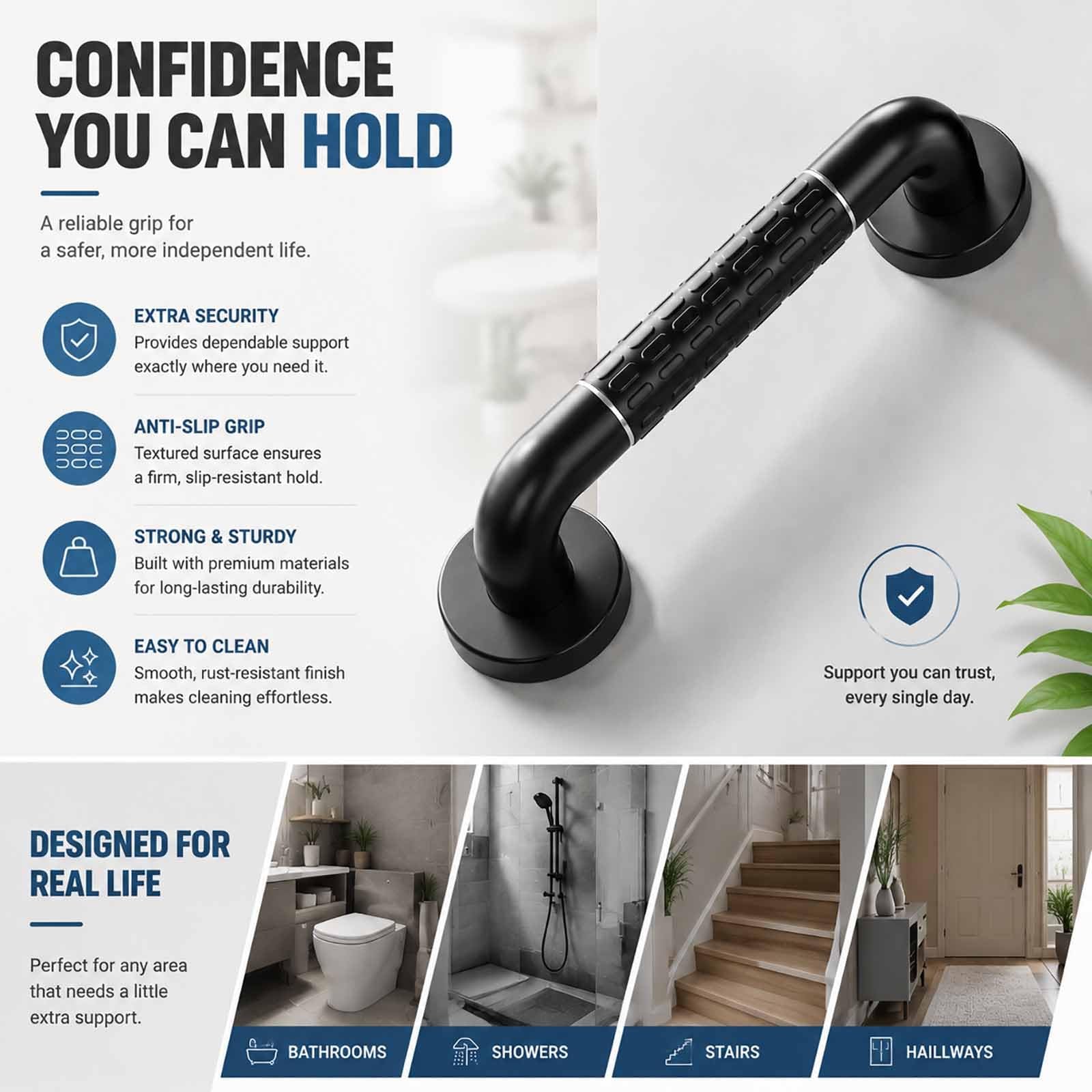 Barra De Apoyo para Ducha, Moderna Barra De Pared Mate con Agarre Antideslizante, Pasamanos De Acero Inoxidable para Hospitales Y Residencias De Ancianos.(Black,50cm)