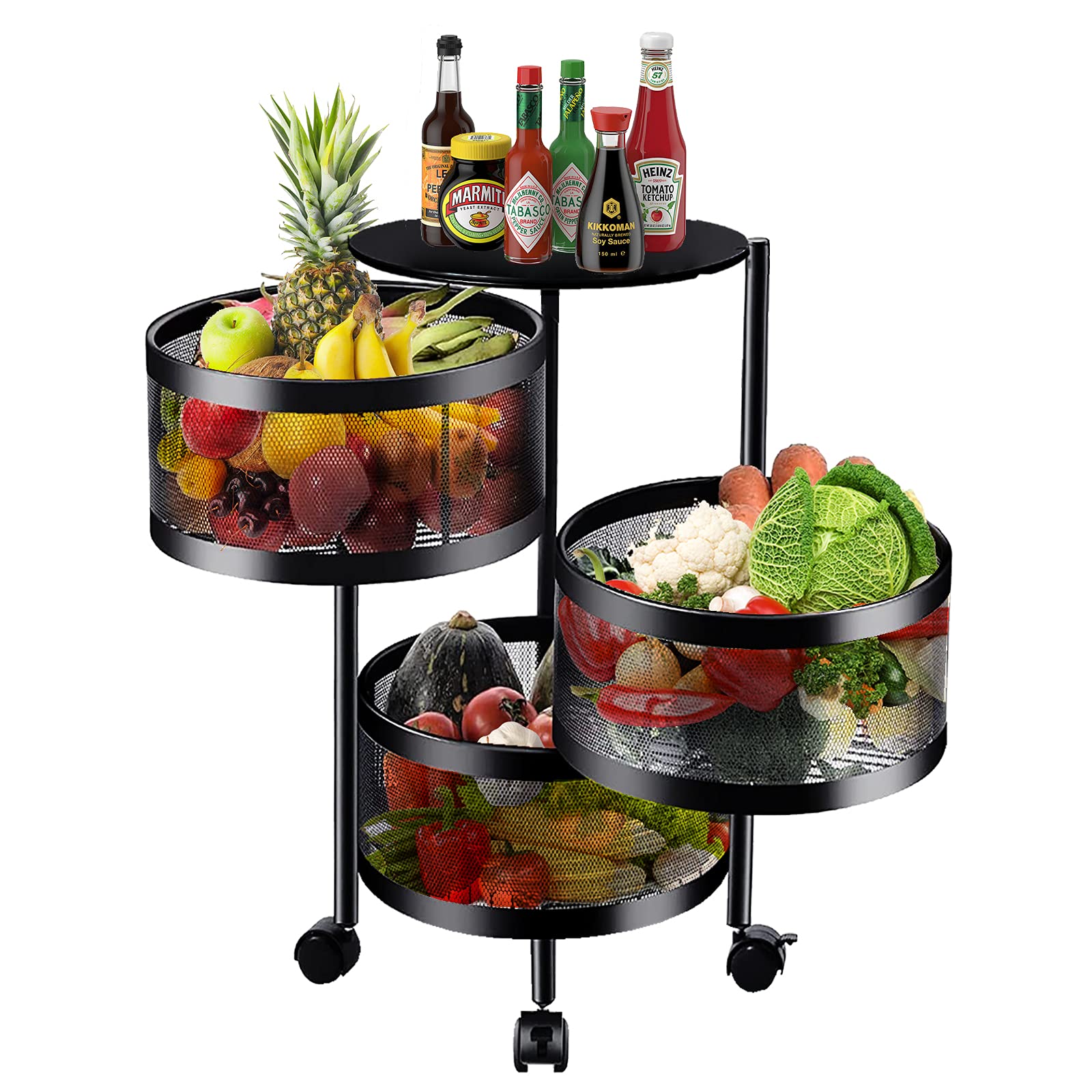 Photo 1 of 3-Tier Rotating Storage Rack for Kitchen, Metal Revolving Basket Kitchen Shelf with Wheels, Viandero para Cocina for Kitchen, Bathroom, Laundry Room, Garage, Black