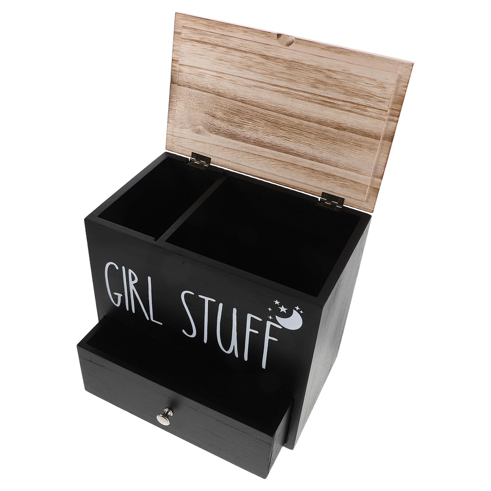 VALICLUD Porta Assorbenti Igienici in Legno Nero con Coperchio, Contenitore Rustico per Stoccaggio Prodotti Femminili da Bagno, Organizer Compatto Antiumidità per Tamponi e Accessori Bagno