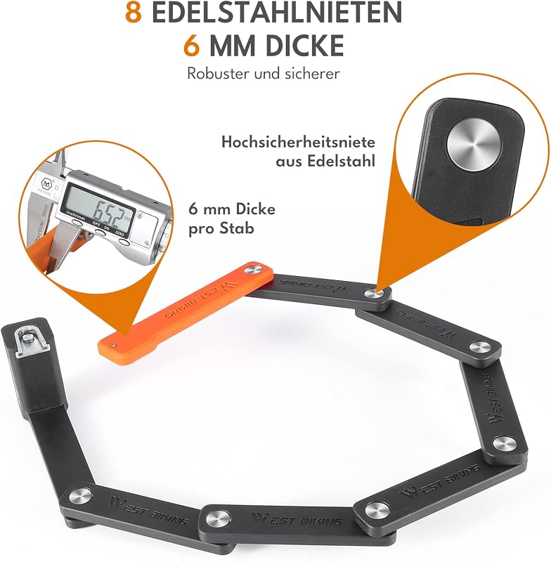 CYCLESPEED Összecsukható Kerékpárzár Tartóval - 63 cm Edzett Acél, 360° Forgatható Zárfej, 3 Kulcs, Könnyű E-Roller Lakat Táskával