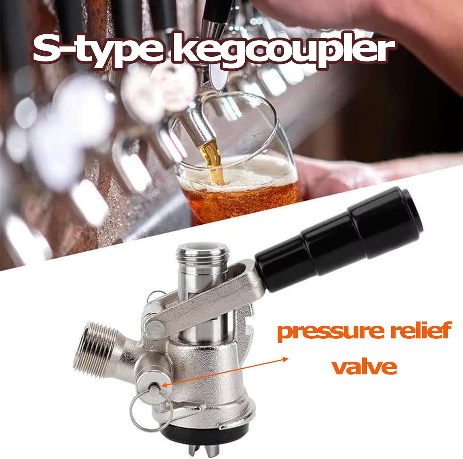 Type-S Keg Coupler, Sankey Beer Keg Tap Dispenser, Brass Housing Body, Stainless Steel Coupler Parts, with Check Valve Sealing Washer, for Bar and Home