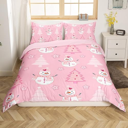 Juego de funda de edredón con diseño de muñeco de nieve para niños, tamaño King, diseño de árbol de pino de Navidad, diseño de árbol de pino de