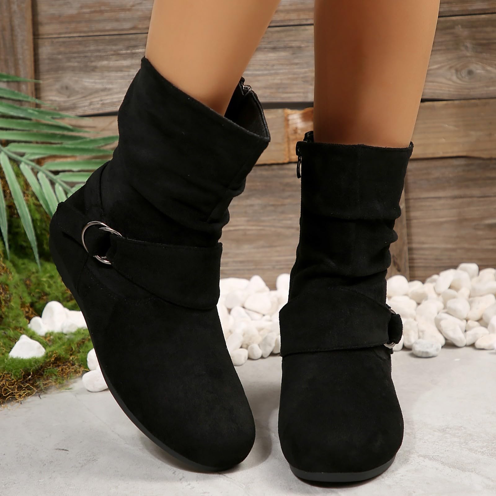 Generisch Bottines d'automne pour femme - Bottines plates et mi-hautes - Élégantes - Bout rond - Avec fermeture éclair - Antidérapantes - Pour femme