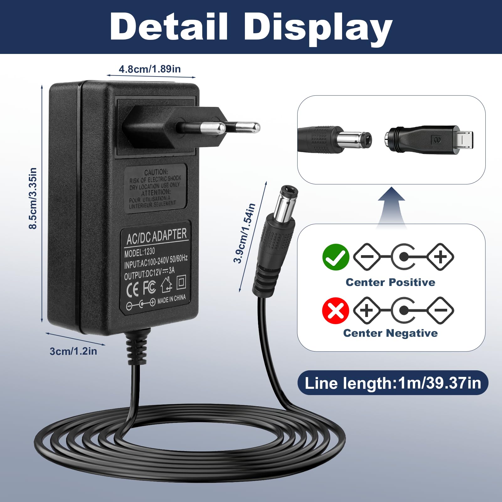 Uniwersalny zasilacz 12V 3A 36W AC-DC 100-240V | Transformator zasilający z 11 wymiennymi złączami do taśm LED, routera, kamery CCTV, ekran komputera