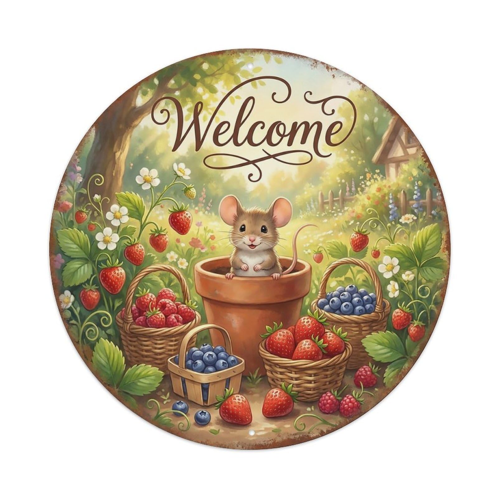 Welcome Mouse Berry Basket Metal Tin Sign