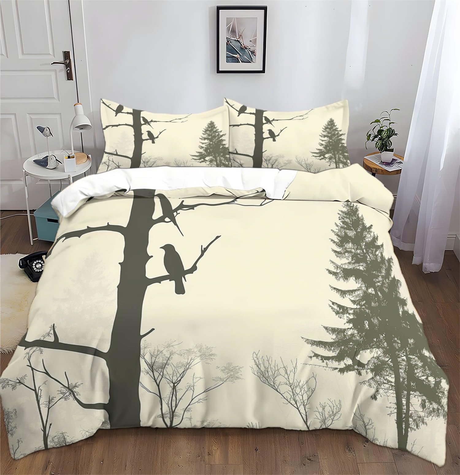 Duvet Cover Set Silhouette Bird On Tree - Bedding Sets, Soft Microfiber Cover Super King with 2 Pillows for Bedding set, Easy Care Duvet Set, Green 260 x 220 cm