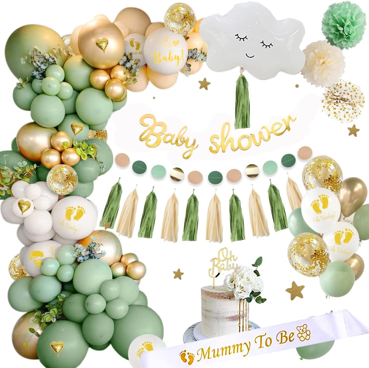 Baby Shower Decoration Boy Girl Baptism Decoration Sage Green with Mummy to be Scarf, Oh Baby Banner Cake Topper Balloon Baby Shower for Gender Reveal Party Decoration